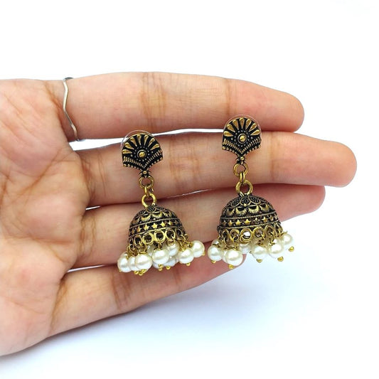 Antique Golden Jhumki Earings With White Pearls