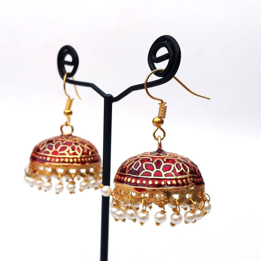 Meenakari Red Jhumki With White Beads