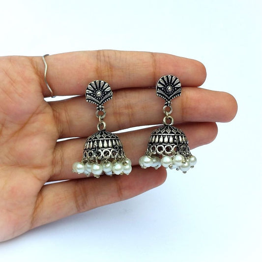 Silver Antique jhumki Earings With White Pearls