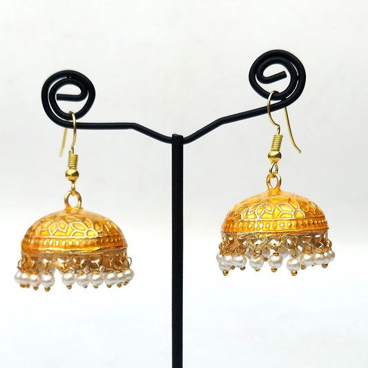 Golden Meenakari Jhumkay With White Pearls Pair