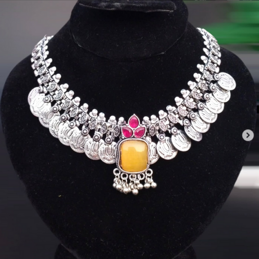 German Silver Oxidized Yellow Stone Choker