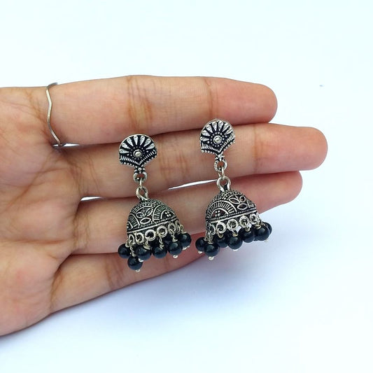 Antique Silver Jhumki With Black Pearls