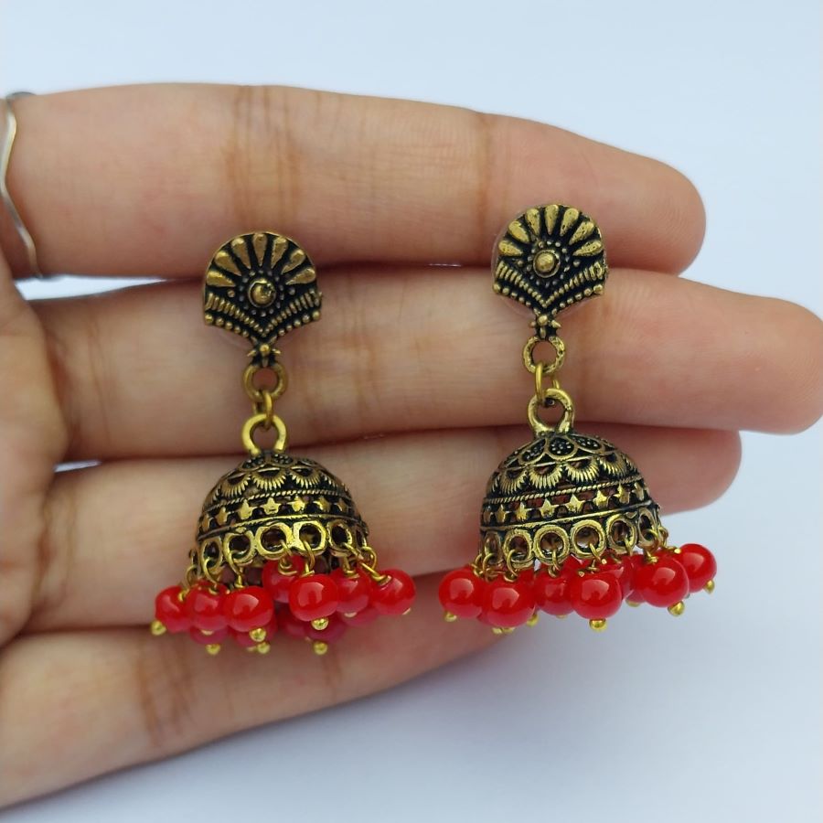 Golden Oxidized Jhumki With Red Pearls